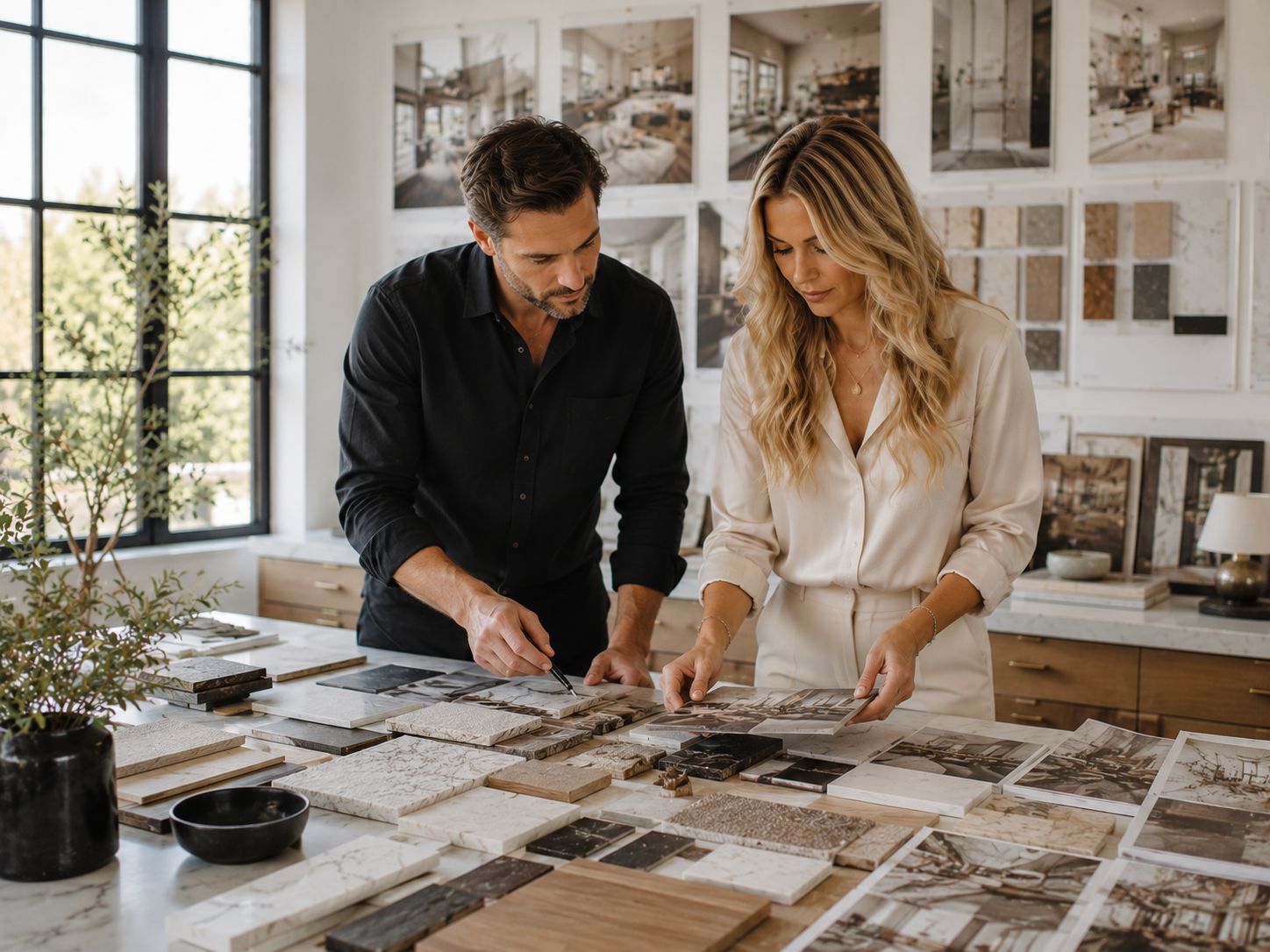 Designers reviewing material samples in a studio